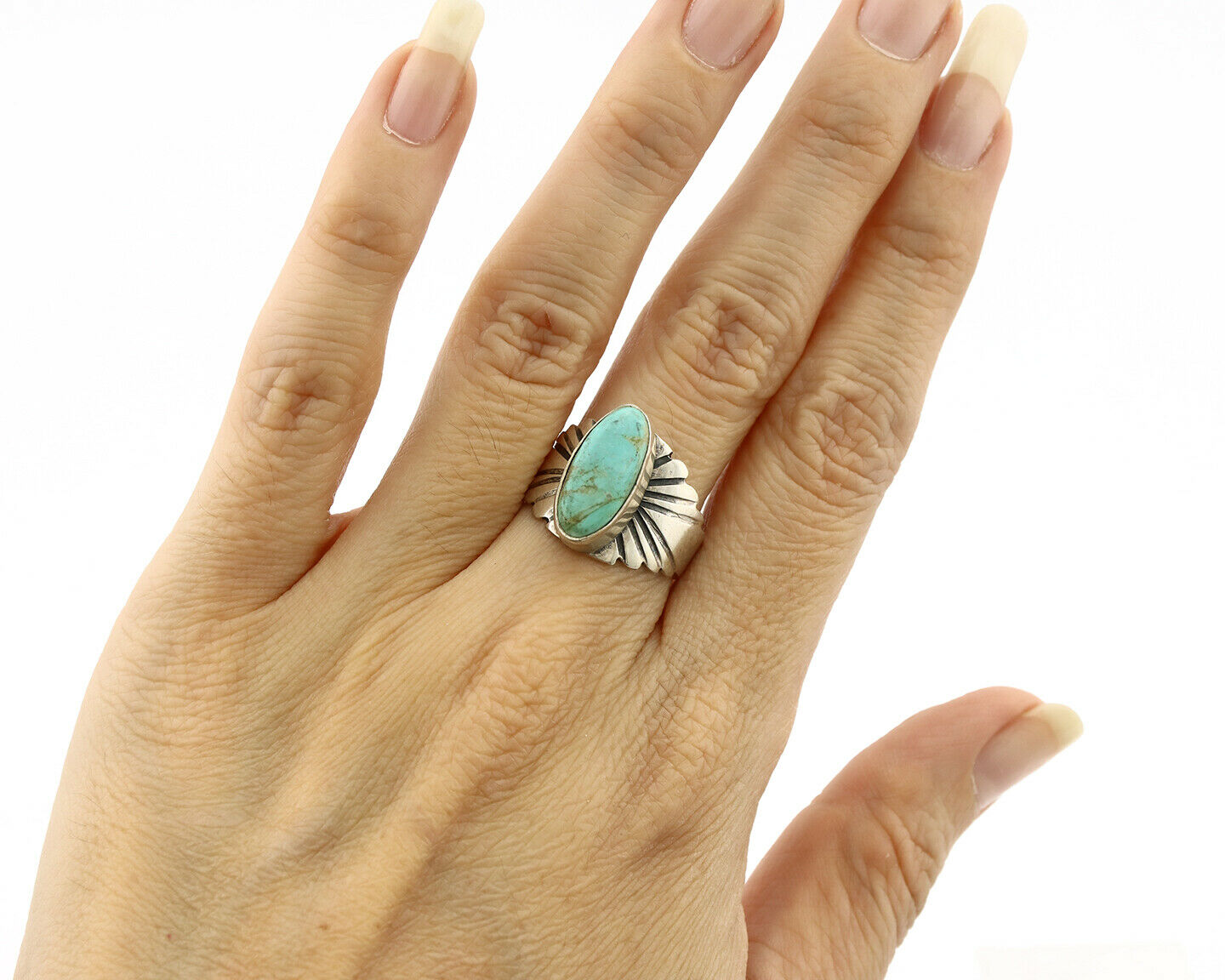 Navajo Ring .925 Silver Kingman Turquoise Artist Signed Apache C.80's