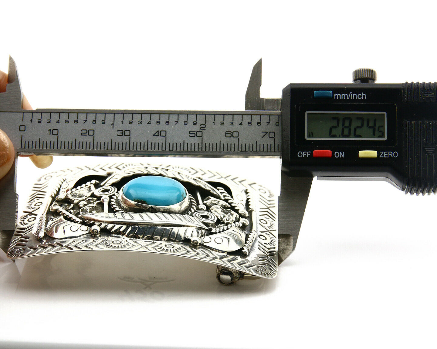 Navajo Belt Buckle .925 Silver Turquoise Mountain Artist Signed Tipi C.80's