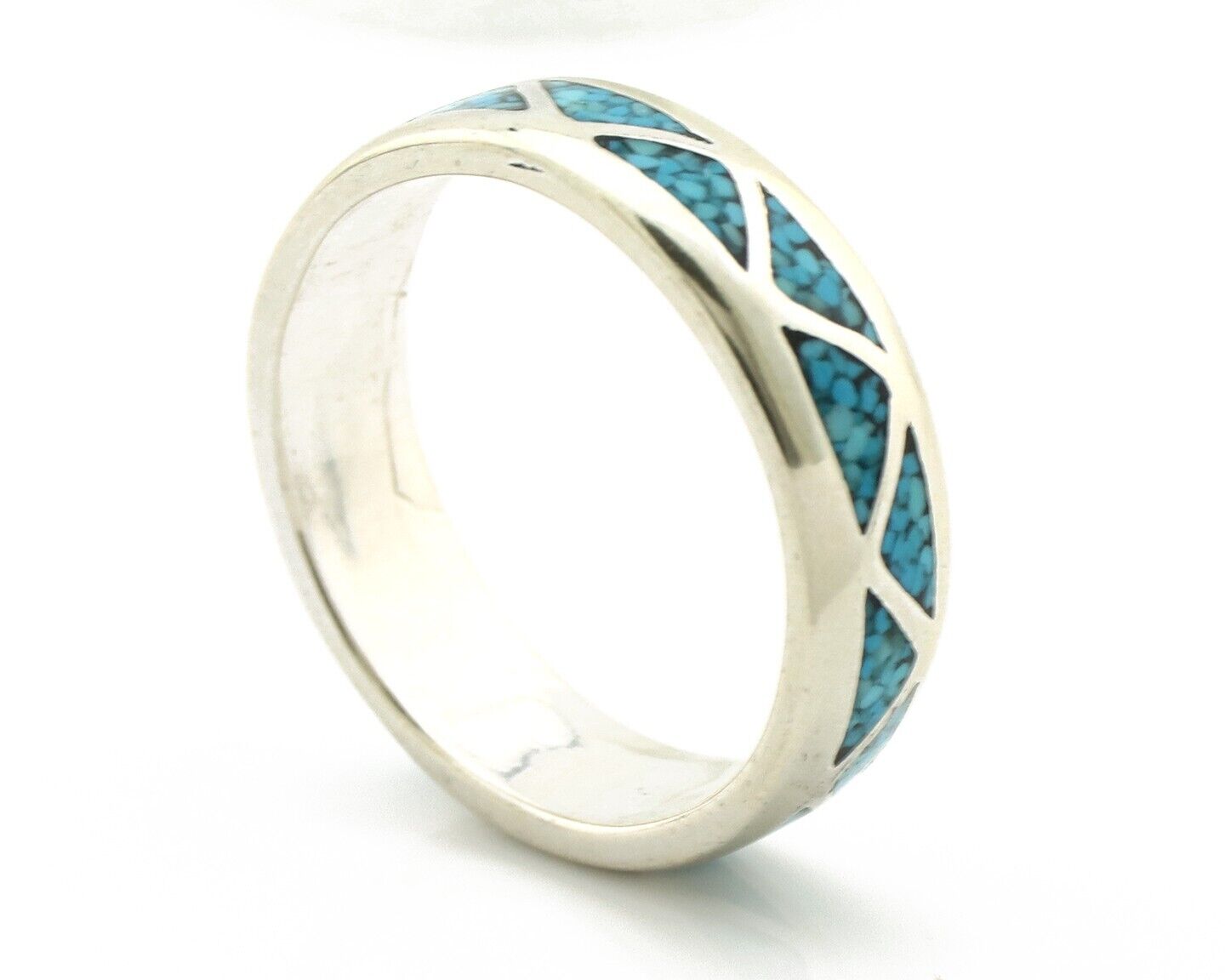 Navajo Chip Inlay Ring 925 Silver Sleeping Beauty Turquoise Artist Silver Cloud