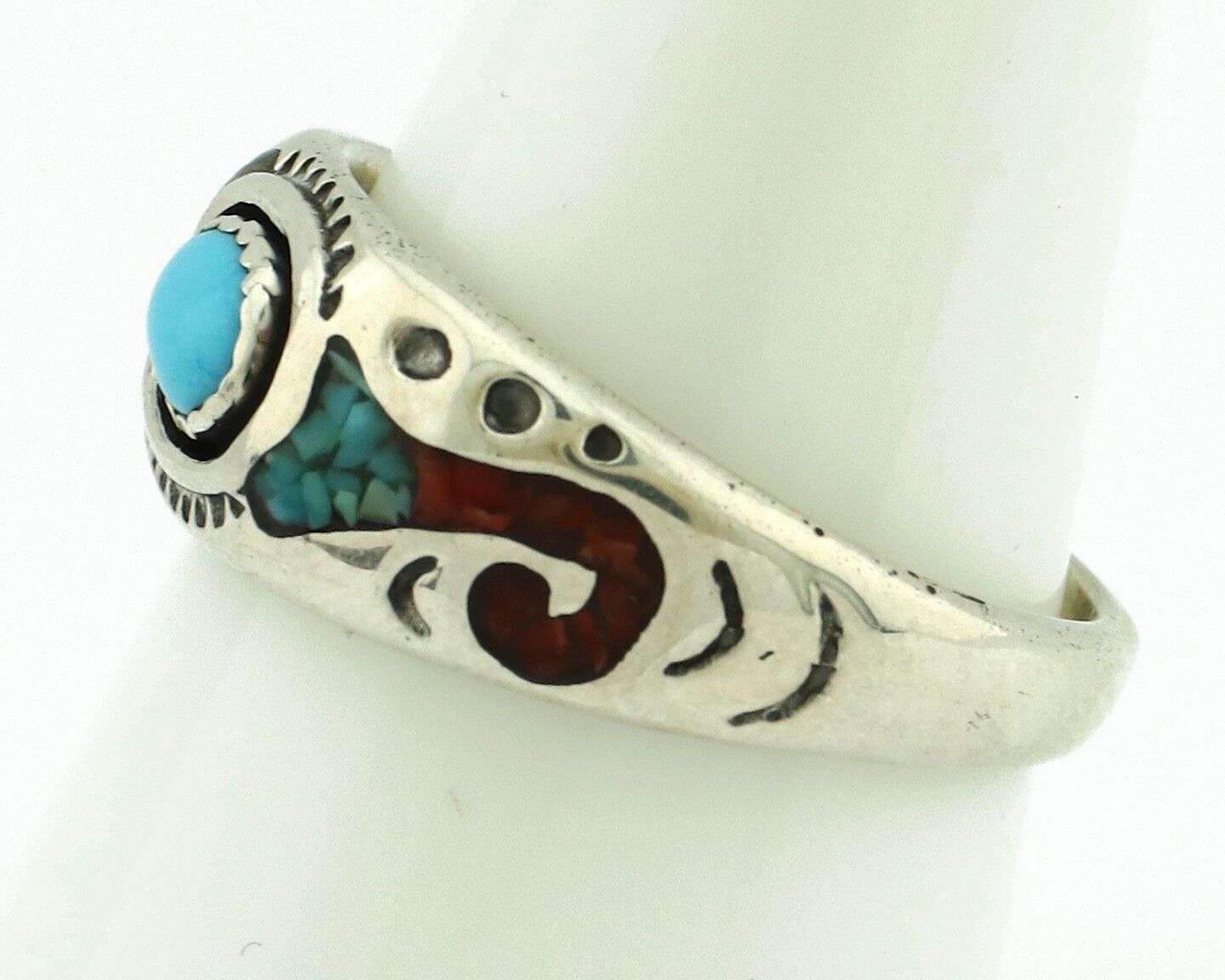 Navajo Handmade Ring 925 Silver Blue Turquoise & Coral Native American C.80's