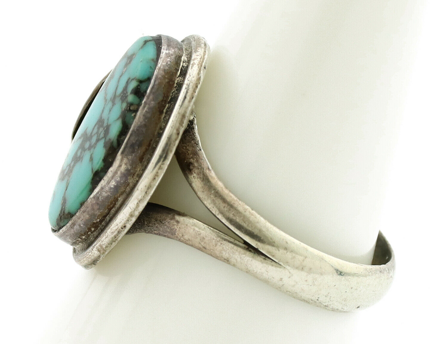 Navajo Ring .925 Silver Spiderweb Turquoise Artist Signed CG01 C.1980's