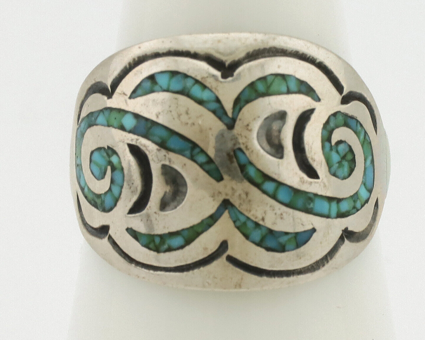 Navajo Ring 925 Silver Chip Inlay Turquoise Artist Signed Thomas Singer C.80's