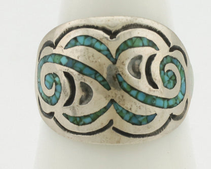 Navajo Ring 925 Silver Chip Inlay Turquoise Artist Signed Thomas Singer C.80's