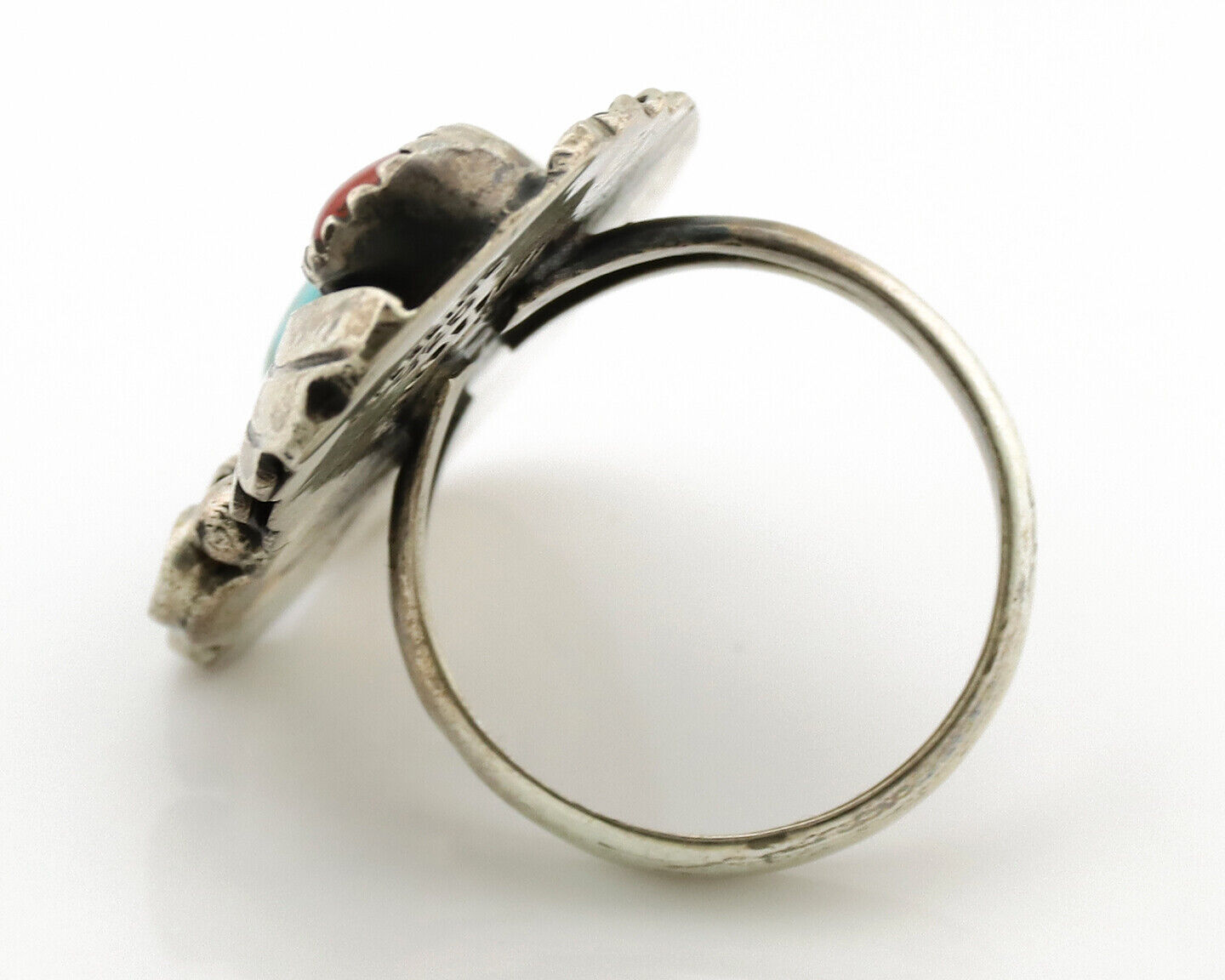 Navajo Ring 925 Silver Turquoise & Coral Artist Signed Native American C.80s