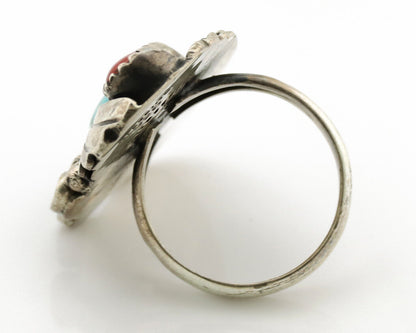 Navajo Ring 925 Silver Turquoise & Coral Artist Signed Native American C.80s