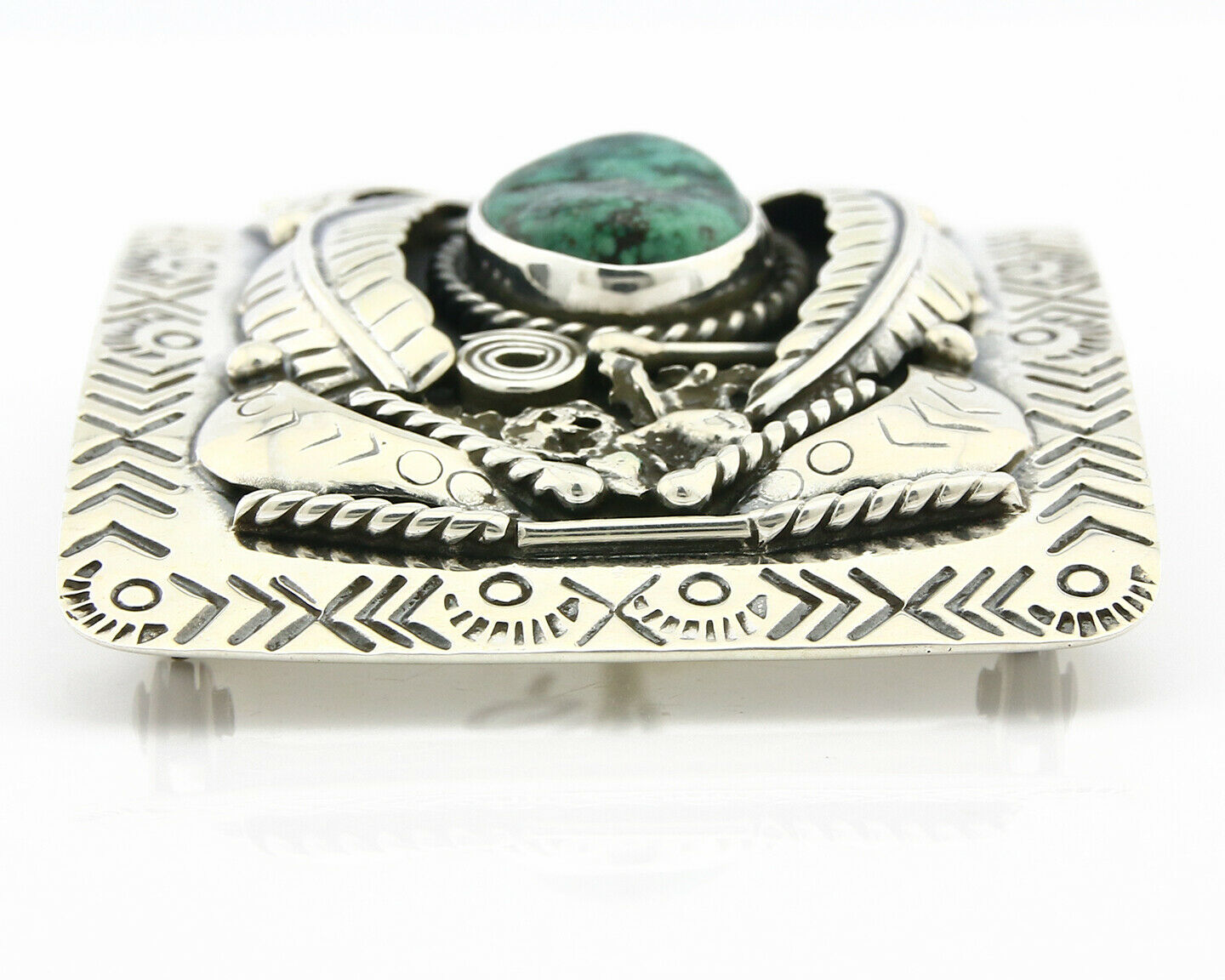 Navajo Belt Buckle .925 Silver Turquoise Mountain Artist Signed Tipi C.80's