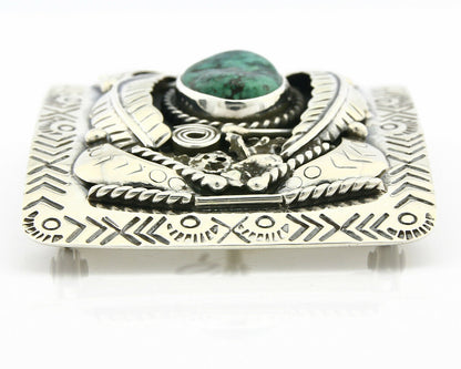 Navajo Belt Buckle .925 Silver Turquoise Mountain Artist Signed Tipi C.80's