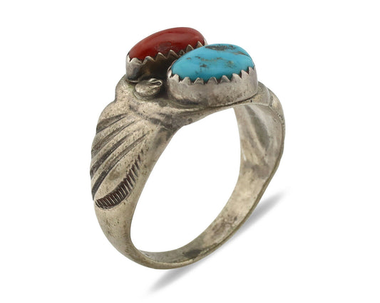 Zuni Ring .925 Silver Natural Turquoise & Coral Native American Artist C.1980's