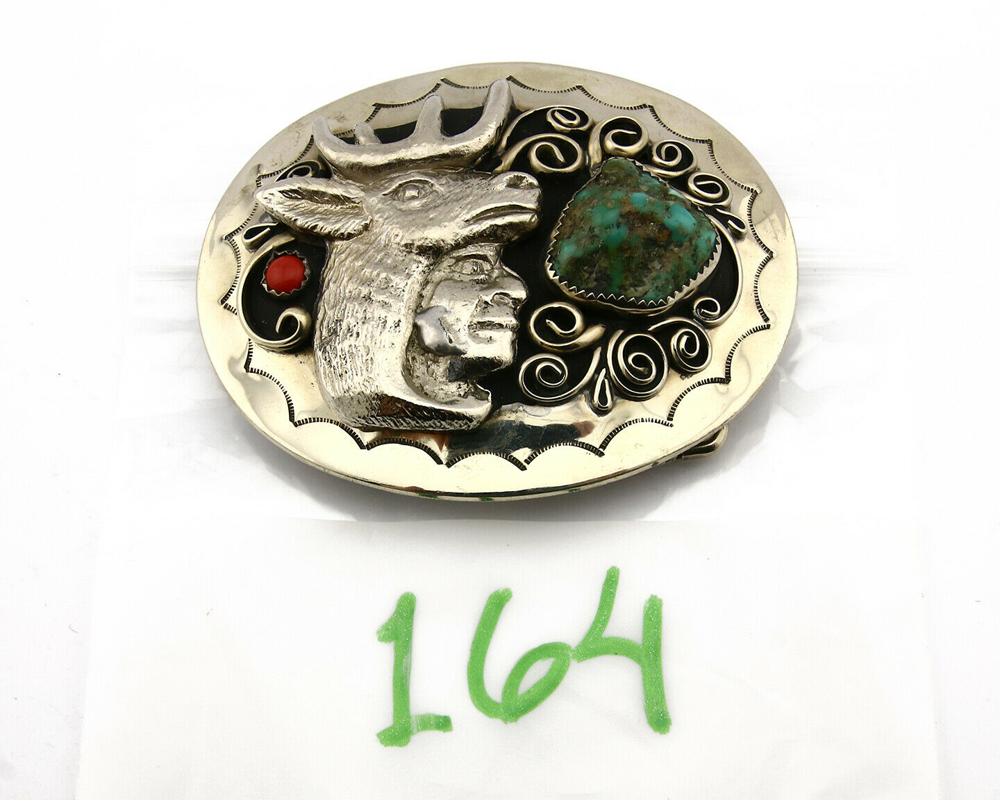 Navajo Belt Buckle .925 Silver & Nickle Gemstones Native American Artist C.80's