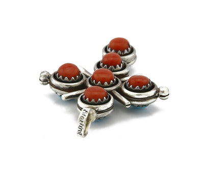 Zuni Natural Turquoise and Coral Reversible 925 Silver Handmade Pendant