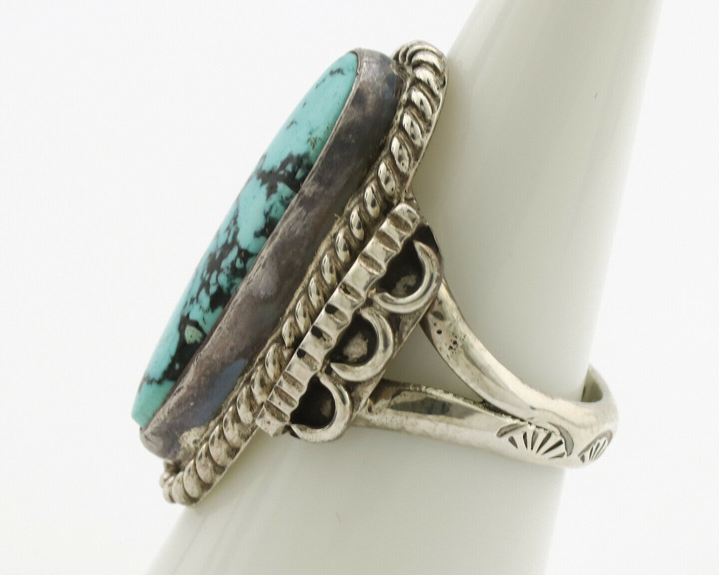 Navajo Ring .925 Silver Blue Spiderweb Turquoise Signed Fred Guerrero C.1980's