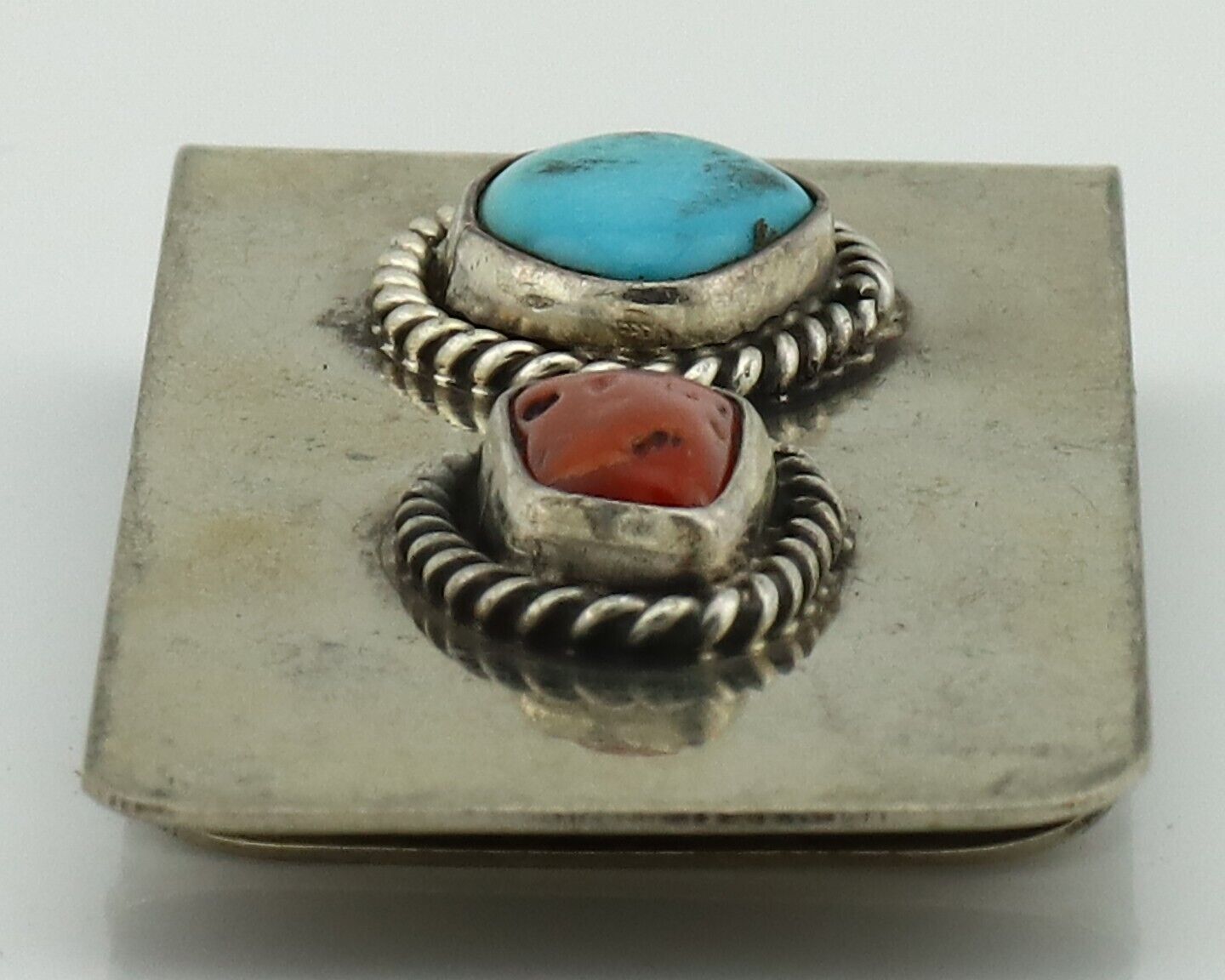 Navajo Money Clip 925 Silver & 999 Nickel Natural Turquoise & Coral Artist C80