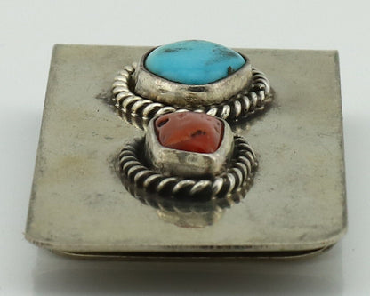 Navajo Money Clip 925 Silver & 999 Nickel Natural Turquoise & Coral Artist C80