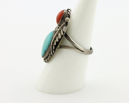 Navajo Handmade Ring 925 Silver Turquiose & Coral Native American Artist C.80's