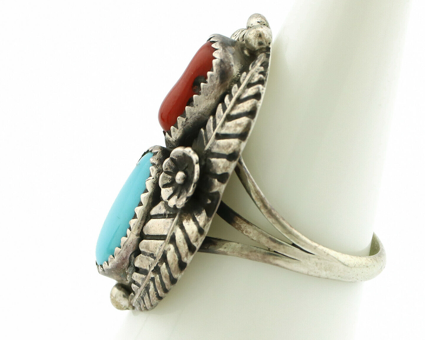 Navajo Ring .925 Silver Turquoise & Coral Artist Signed Thomas Singer C.80's