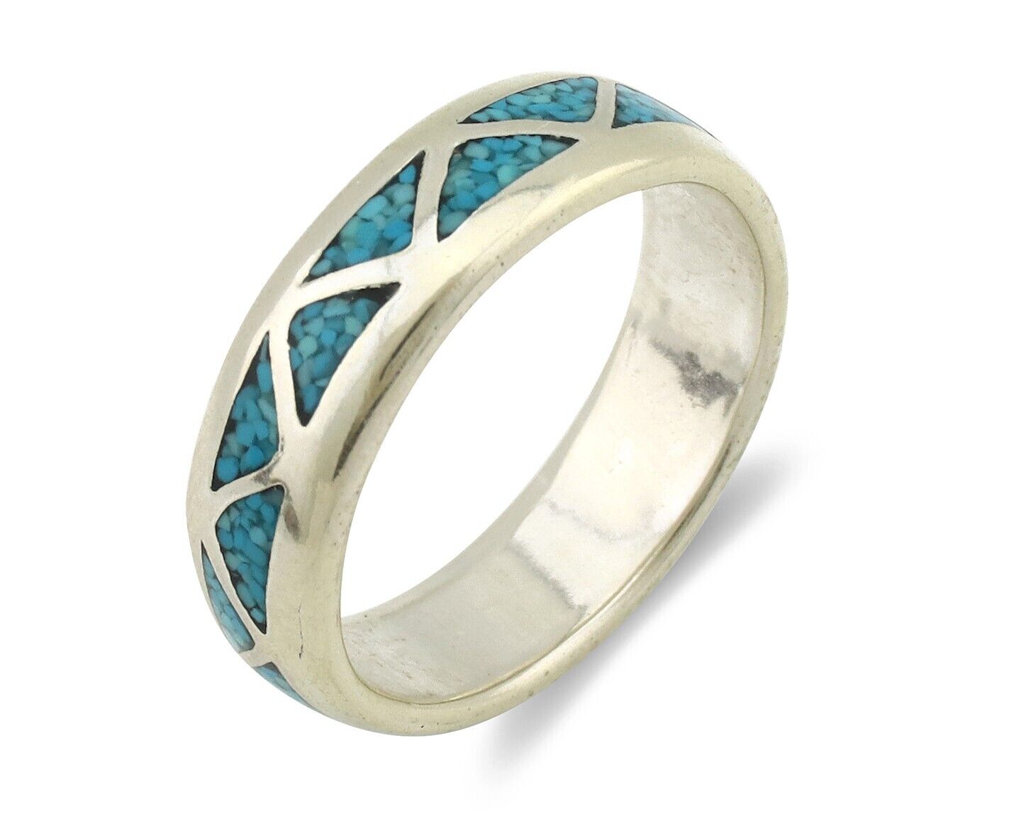 Navajo Chip Inlay Ring 925 Silver Sleeping Beauty Turquoise Artist Silver Cloud