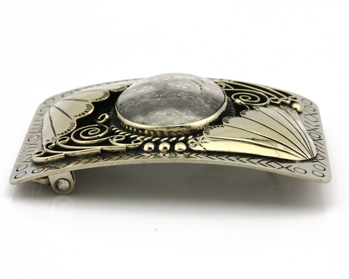 Navajo Belt Buckle .999 Nickle Silver Natural Gemstone Signed Tipi C.80's