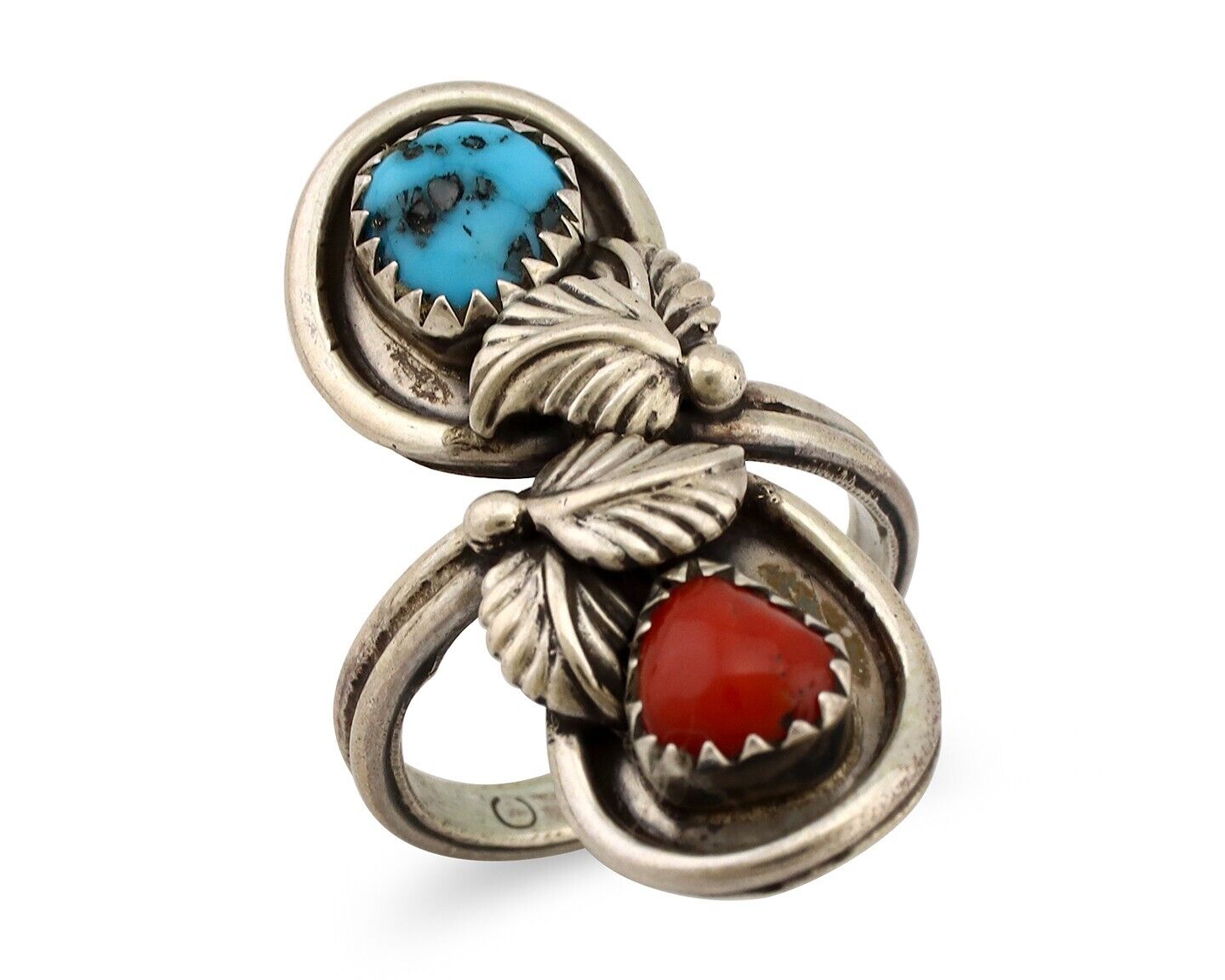 Navajo Ring 925 Silver Blue Turquiose & Mediterranean Coral Native Artist C.80's