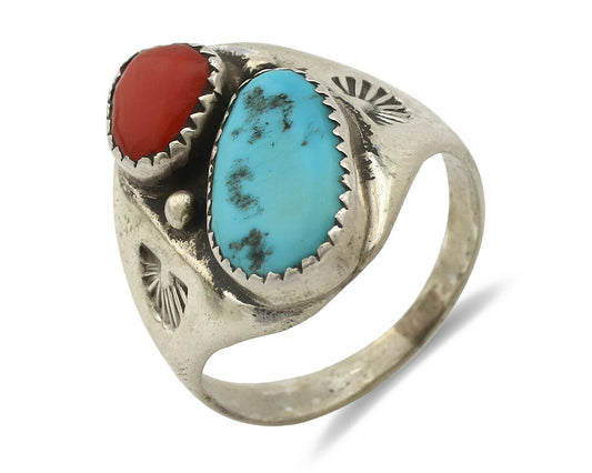 Zuni Ring .925 Silver Natural Turquoise & Coral Native American Artist C.1980's