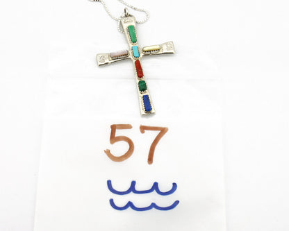 Zuni Handmade Cross Necklace 925 Silver Natural Gemstone Signed W. IULE C.80's