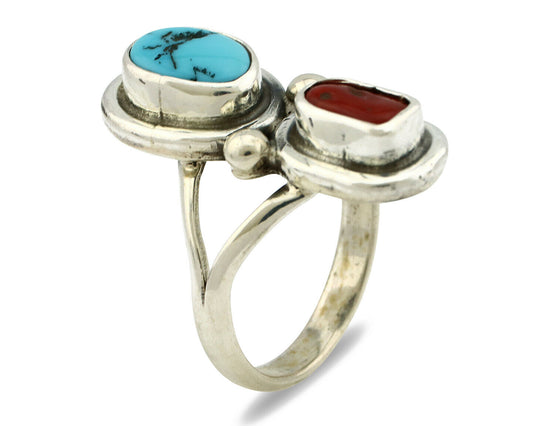 Navajo Ring .925 Silver Red Coral & Blue Turquoise Native Artist C.80's