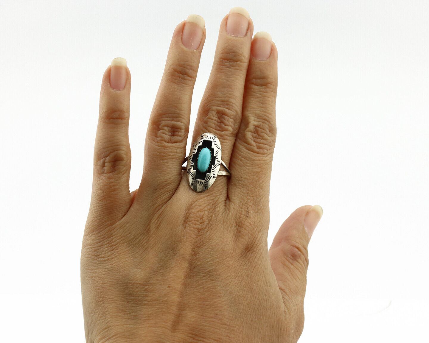 Navajo Ring .925 Silver Sleeping Beauty Turquoise Artist Signed P C.80's