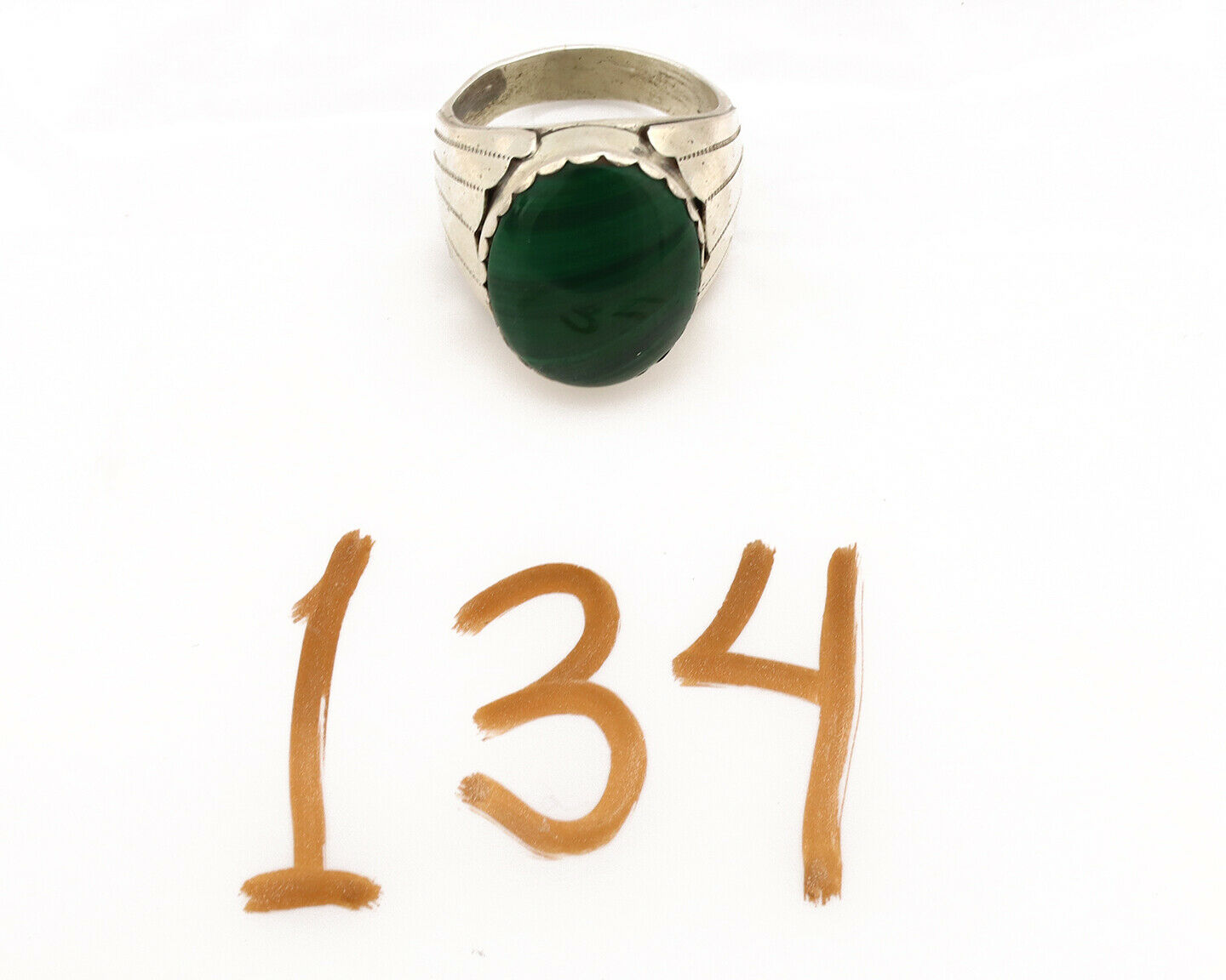 Navajo Ring .925 Silver Natural Green Malachite Artist Signed DL C.1980's