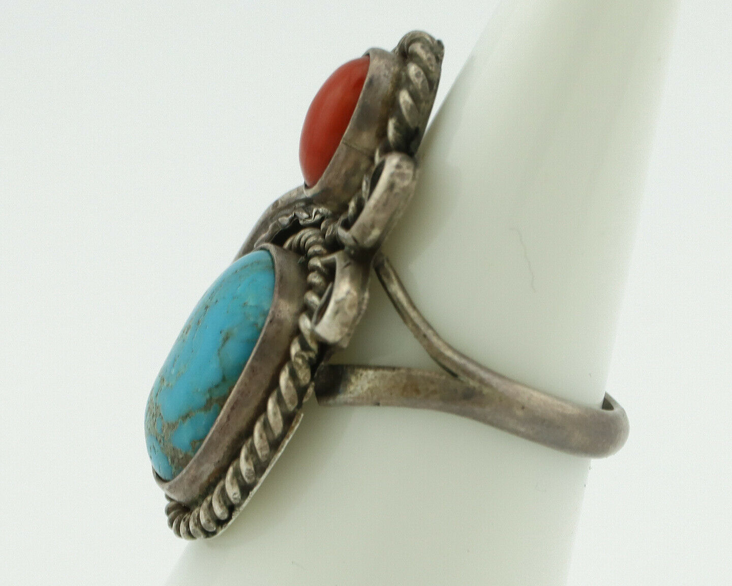 Navajo Ring .925 Silver Turquoise & Coral Native American Artist C.1975's
