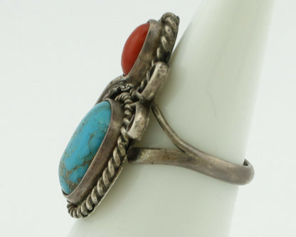 Navajo Ring .925 Silver Turquoise & Coral Native American Artist C.1975's