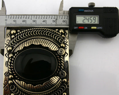 Navajo Handmade Belt Buckle .999 Nickle Silver Onyx Artist Signed Tipi C.80's
