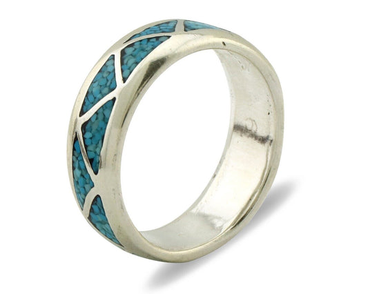 Navajo Chip Inlay Ring 925 Silver Sleeping Beauty Turquoise Artist Silver Cloud