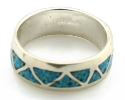 Navajo Chip Inlay Ring 925 Silver Sleeping Beauty Turquoise Artist Silver Cloud