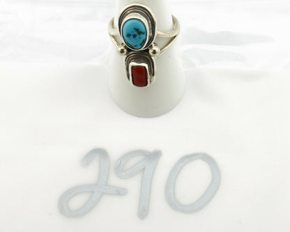 Navajo Ring .925 Silver Blue Turquoise & Red Coral Native American Artist C.80's