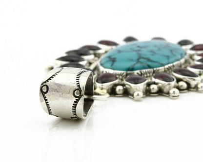 Navajo Pendant .925 Silver Natural Turquoise & Garnet Signed Artist BP C.80's