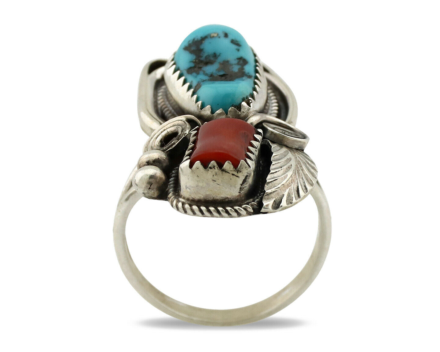 Navajo Ring .925 Silver Turquoise & Coral Artist Signed J Morris C.80's