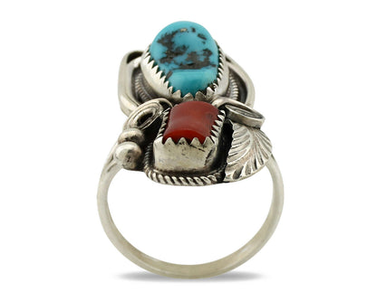 Navajo Ring .925 Silver Turquoise & Coral Artist Signed J Morris C.80's