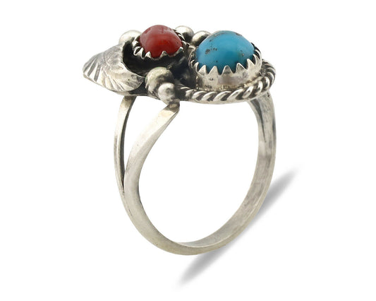 Navajo Ring .925 Silver Morenci Turquoise & Coral Native Artist Signed JM C.80's