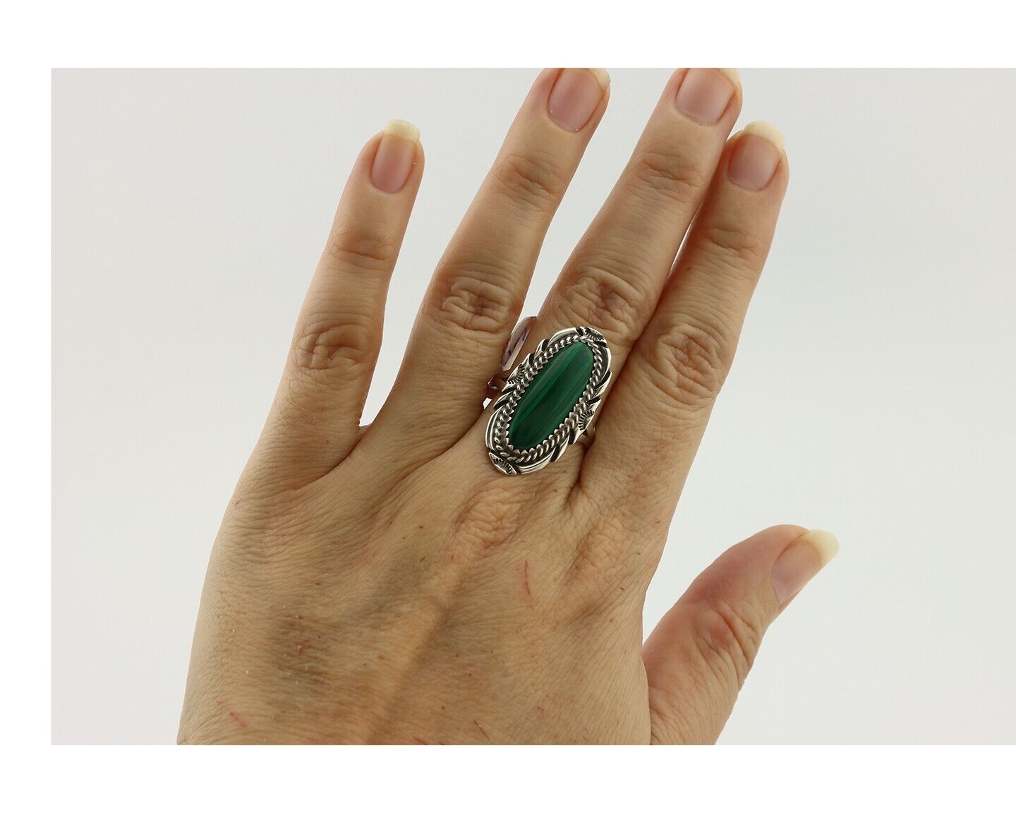 Navajo Ring .925 Silver Malachite Hand Stamped Native American Artist C.80's