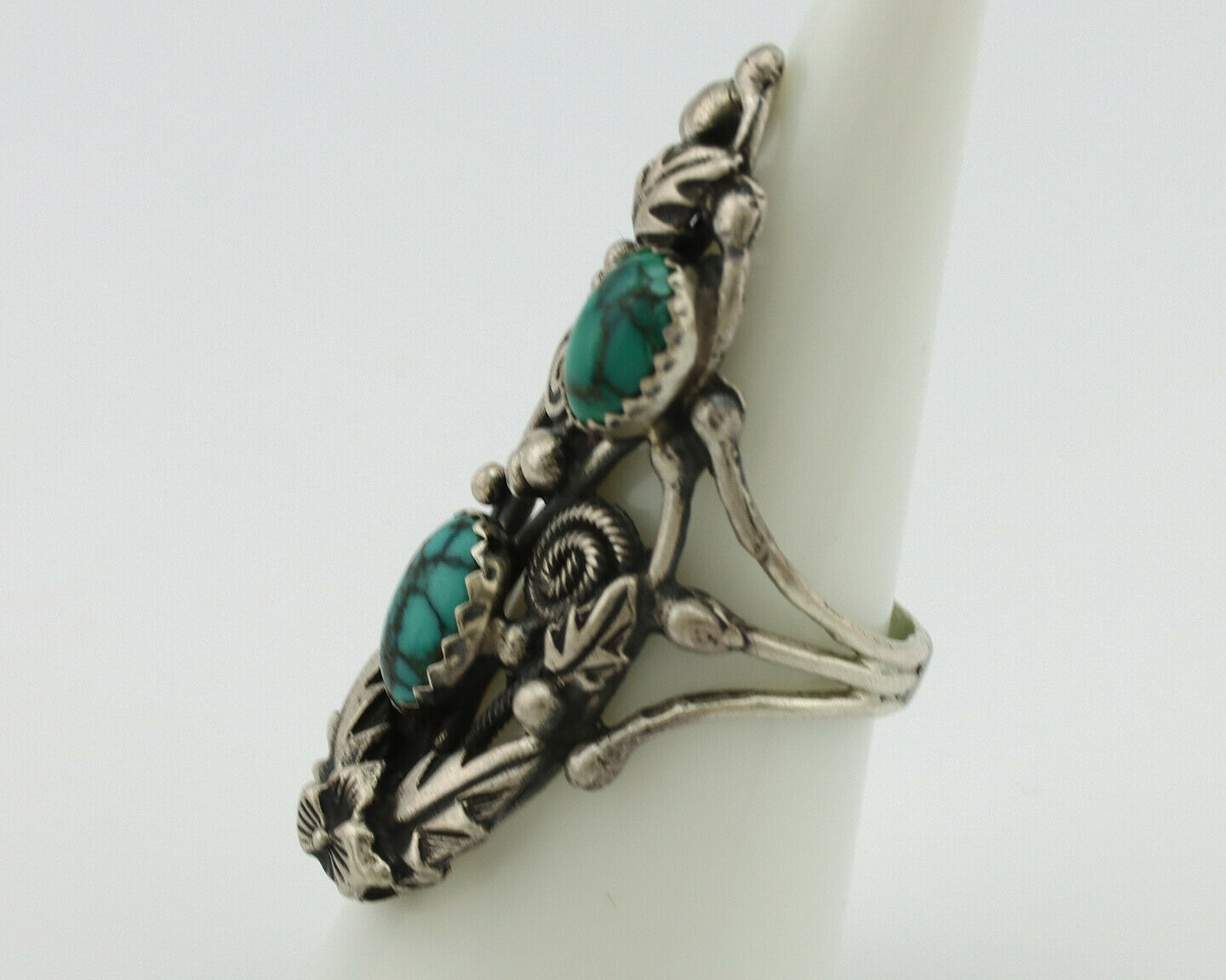 Navajo Ring .925 Silver Natural Turquoise Signed Prairie Fire C.80's