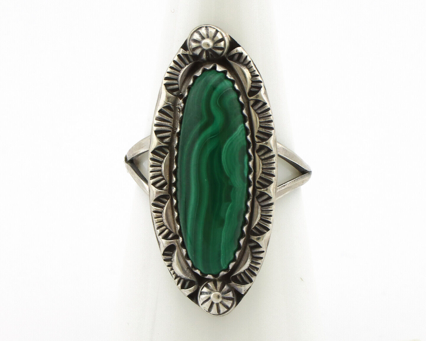 Navajo Ring 925 Silver Natural Malachite Artist Native American Signed H C.80's