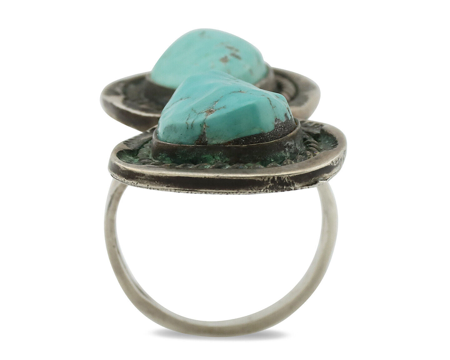 Navajo Ring .925 Silver Globe Turquoise Hand Stamped Native American Artist C80s