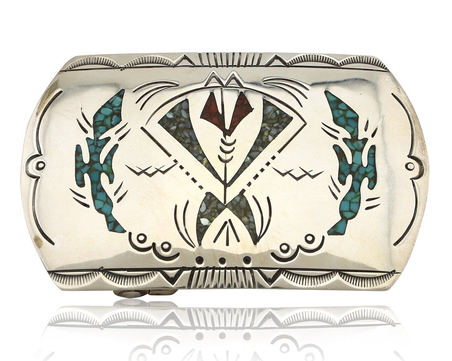 Navajo Belt Buckle 925 Silver Handmade Chip Inlay Artist Signed Henry Baca C.80s
