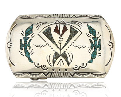 Navajo Belt Buckle 925 Silver Handmade Chip Inlay Artist Signed Henry Baca C.80s