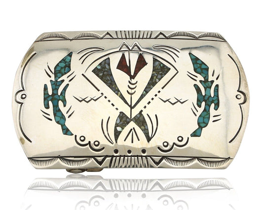Navajo Belt Buckle 925 Silver Handmade Chip Inlay Artist Signed Henry Baca C.80s
