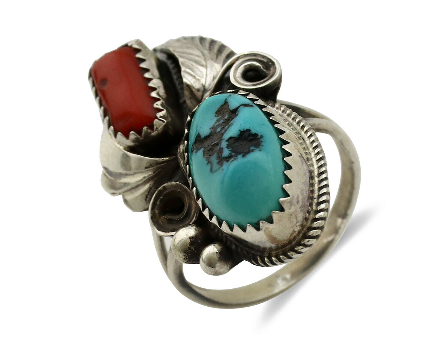 Navajo Ring .925 Silver Turquoise & Coral Artist Signed J Morris C.80's