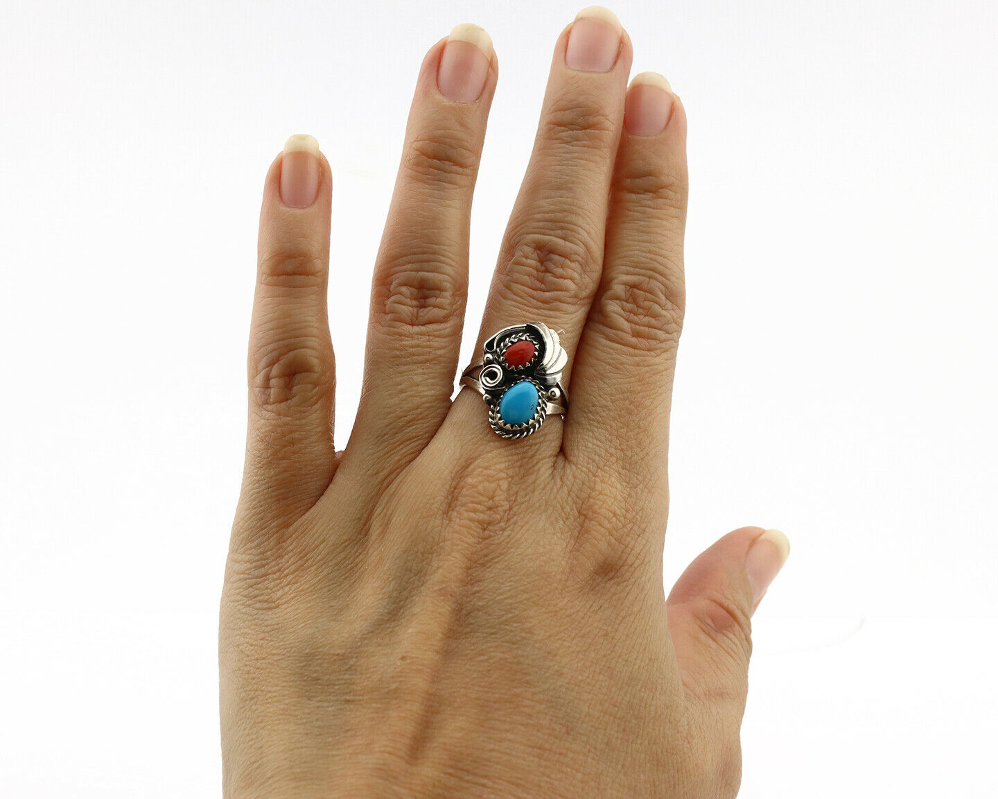 Navajo Ring .925 Silver Turquoise & Coral Artist Signed J Morris C.80's