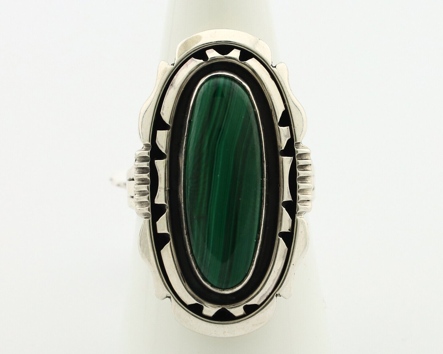 Navajo Ring .925 Silver Malachite Hand Stamped Signed William Denetdale C.80's