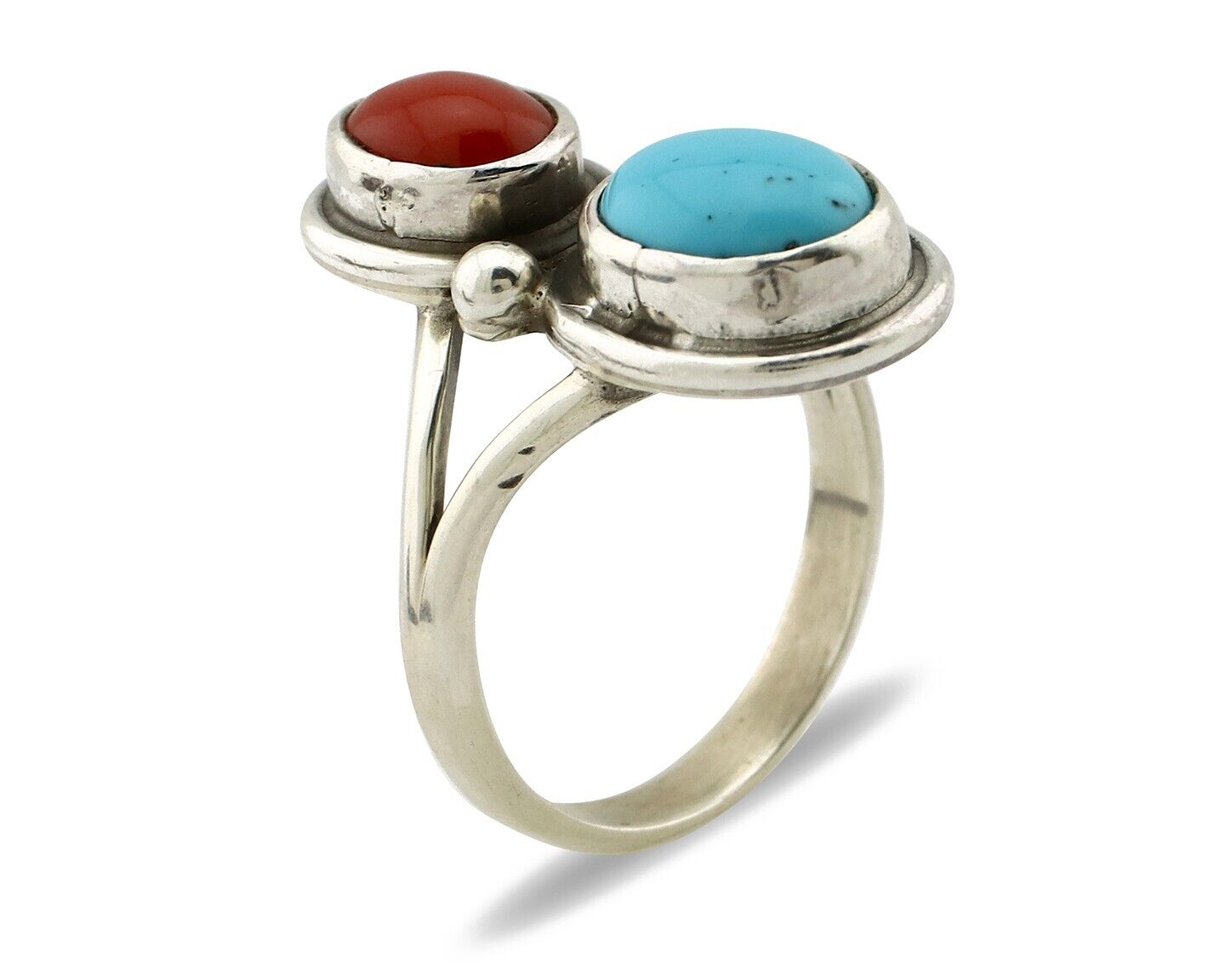 Navajo Handmade Ring 925 Silver Coral & Turquoise Native American Artist C.80's