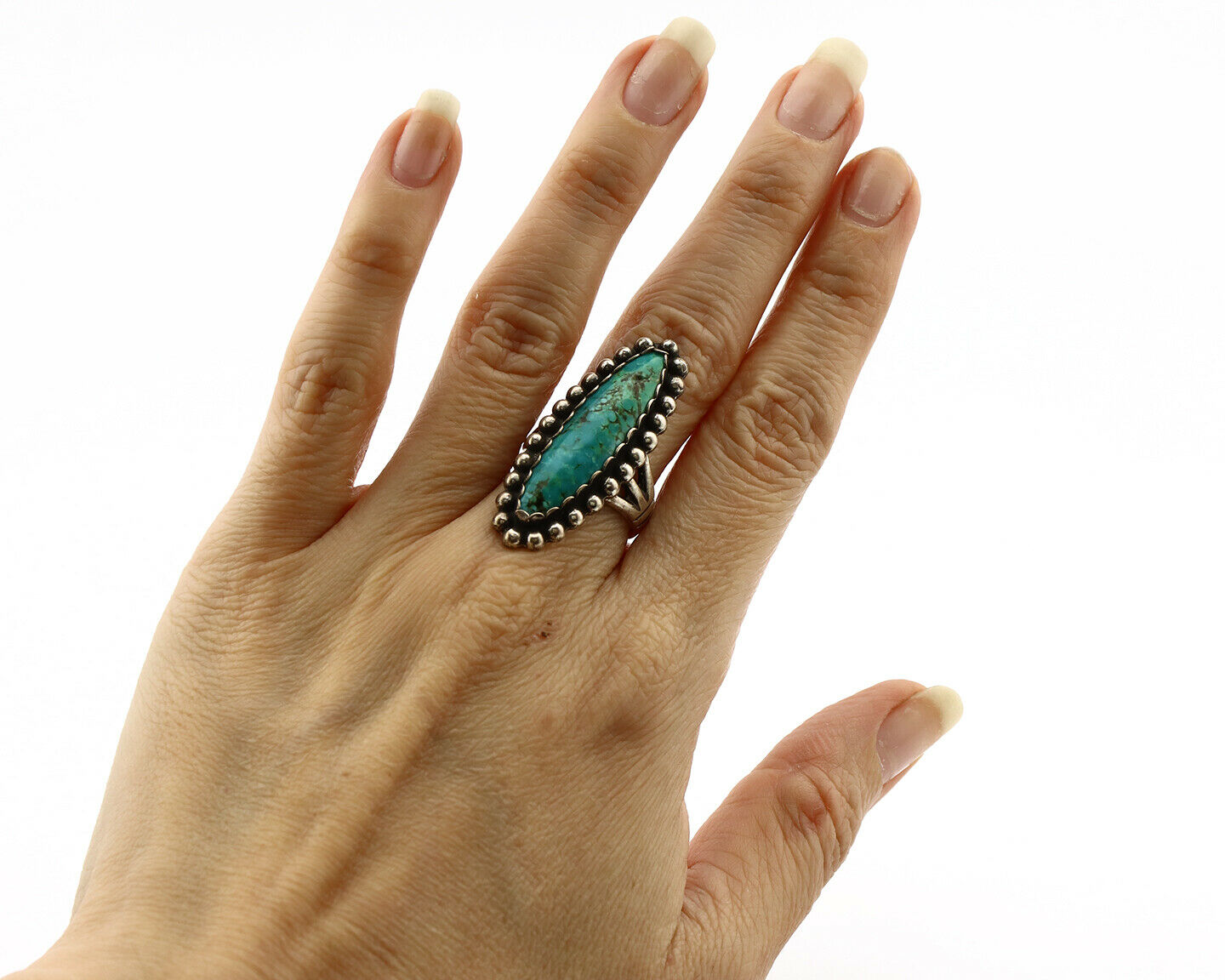 Navajo Ring .925 Silver Kingman Turquoise Signed Artist Sunbell C.80's