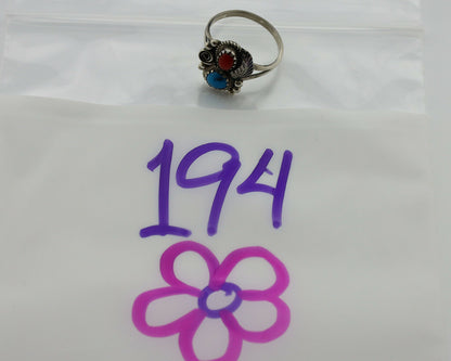 Navajo Ring .925 Silver Morenci Turquoise & Coral Native Artist Signed JM C.80's